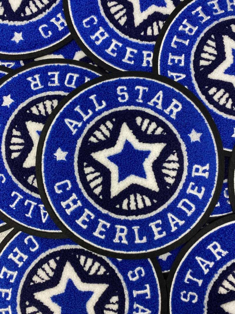 Chenille, "All-Star Cheerleader" Blue/White/Black Varsity Patch, Iron-on Applique for Jackets, Camo, Bags, Accessories, and DIY, Cheer Gift