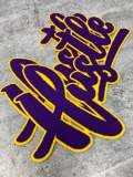 Exclusive, Purple & Gold "Hustle" Chenille Patch (iron-on) Size 10"x8", Varsity Patch for Denim, Shirts and Hoodies, Large Patch