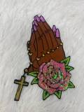 1-pc "Praying Hands" w/ Cross and Flowers, Sequins & Satin Patch, 6" Iron-on Applique, Large Back Patch, Garment Patch, DIY Projects