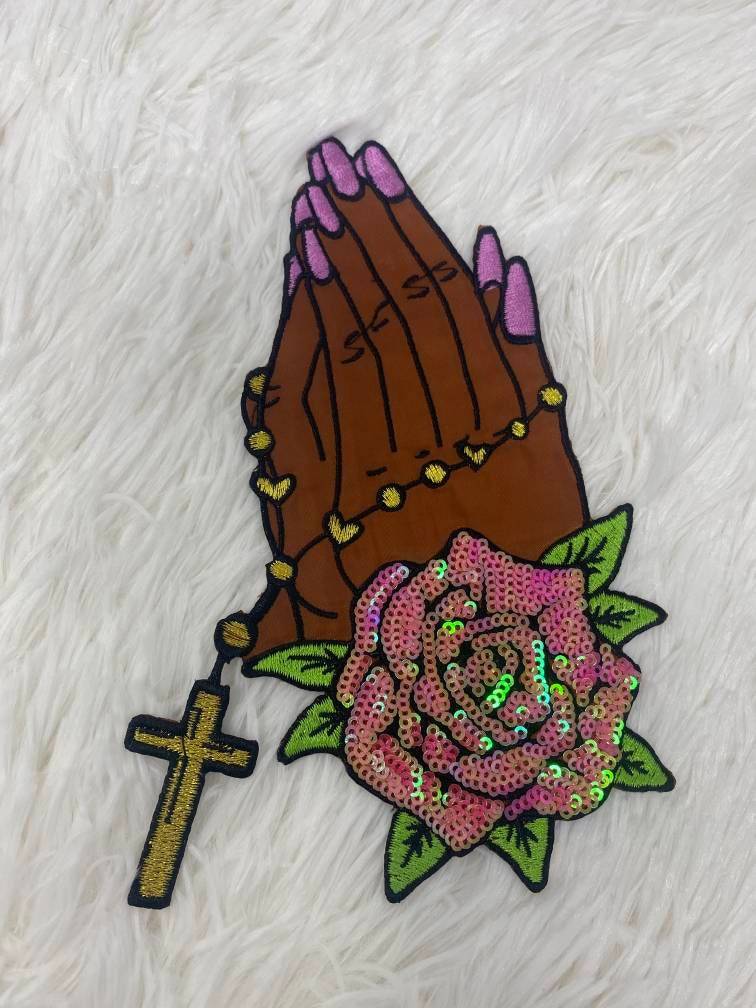 1-pc "Praying Hands" w/ Cross and Flowers, Sequins & Satin Patch, 6" Iron-on Applique, Large Back Patch, Garment Patch, DIY Projects