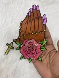 1-pc "Praying Hands" w/ Cross and Flowers, Sequins & Satin Patch, 6" Iron-on Applique, Large Back Patch, Garment Patch, DIY Projects