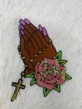 1-pc "Praying Hands" w/ Cross and Flowers, Sequins & Satin Patch, 6" Iron-on Applique, Large Back Patch, Garment Patch, DIY Projects