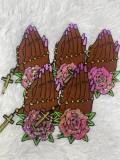 1-pc "Praying Hands" w/ Cross and Flowers, Sequins & Satin Patch, 6" Iron-on Applique, Large Back Patch, Garment Patch, DIY Projects