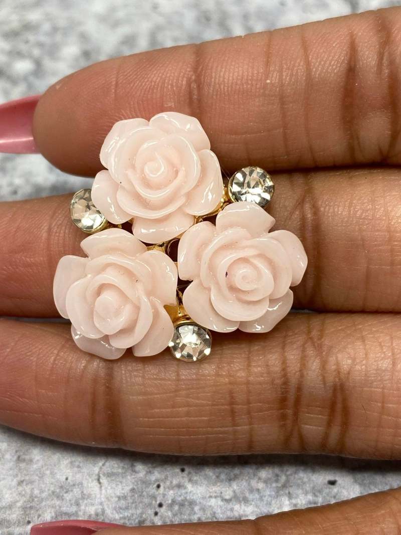 New, Light PINK Resin Triple "Open Rose Bud" w/Bling, Flatback Charm, 1-pc Charm for Crocs, Phone Cases, Sunglasses, Decor, & More! Size 2"
