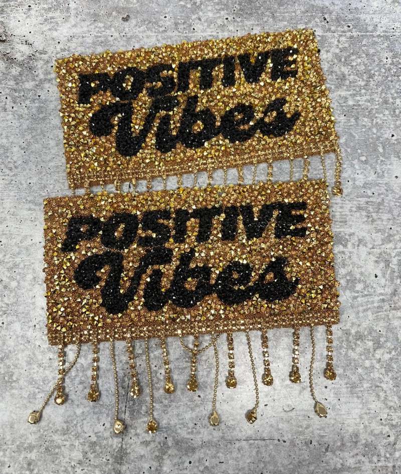 New, Gold "POSITIVE VIBES" Blinged Out, Dripping Rhinestone Patch w/ Adhesive, Bling Applique, Size 4" Czech Rhinestones, DIY Applique
