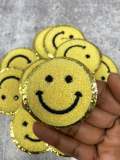 New: Yellow, Chenille "Smile Patch" w/ Gold Glitter, Size 2.5", Smiley Face Patch with Iron-on Backing, Fuzzy Happy Face Applique, Fun Patch