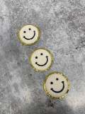 New: White, Chenille "Smile Patch" w/ Gold Glitter, Size 2.5", Smiley Face Patch with Iron-on Backing, Fuzzy Happy Face Applique, Fun Patch
