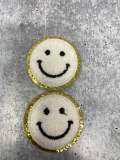 New: White, Chenille "Smile Patch" w/ Gold Glitter, Size 2.5", Smiley Face Patch with Iron-on Backing, Fuzzy Happy Face Applique, Fun Patch