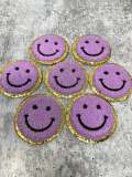 New: Purple, Chenille "Smile Patch" w/ Gold Glitter, Size 2.5", Smiley Face Patch with Iron-on Backing, Fuzzy Happy Face Applique, Fun Patch