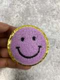New: Purple, Chenille "Smile Patch" w/ Gold Glitter, Size 2.5", Smiley Face Patch with Iron-on Backing, Fuzzy Happy Face Applique, Fun Patch