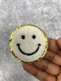 New: White, Chenille "Smile Patch" w/ Gold Glitter, Size 2.5", Smiley Face Patch with Iron-on Backing, Fuzzy Happy Face Applique, Fun Patch