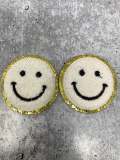 New: White, Chenille "Smile Patch" w/ Gold Glitter, Size 2.5", Smiley Face Patch with Iron-on Backing, Fuzzy Happy Face Applique, Fun Patch