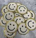 New: White, Chenille "Smile Patch" w/ Gold Glitter, Size 2.5", Smiley Face Patch with Iron-on Backing, Fuzzy Happy Face Applique, Fun Patch