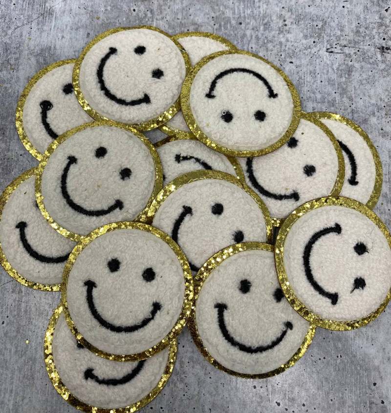 New: White, Chenille "Smile Patch" w/ Gold Glitter, Size 2.5", Smiley Face Patch with Iron-on Backing, Fuzzy Happy Face Applique, Fun Patch