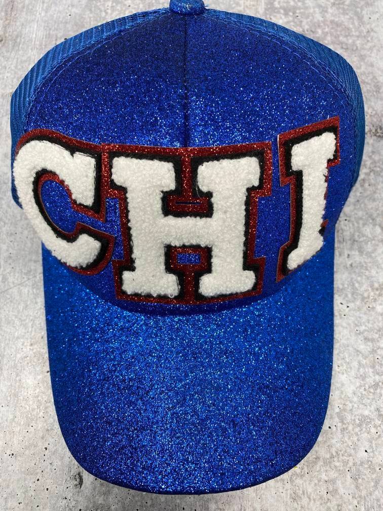 New, Exclusive Chenille "CHI" Blue/Red/White Messy Bun/Ponytail Hat, Glitter Hat, Sparkling Bad Hair Day Hat, Gift for Her, Fashionable Hat