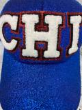 New, Exclusive Chenille "CHI" Blue/Red/White Messy Bun/Ponytail Hat, Glitter Hat, Sparkling Bad Hair Day Hat, Gift for Her, Fashionable Hat