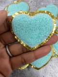 New: Aqua Blue, 1-pc, Chenille "Heart Patch" w/Gold Glitter, Size 2.5", Love Patch w/ Iron-on Backing, Fuzzy Applique, Iron-on Patch