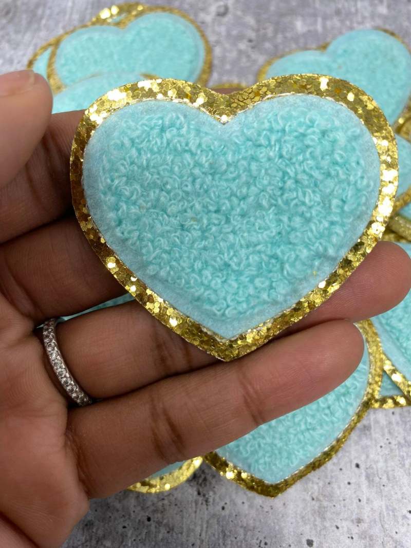 New: Aqua Blue, 1-pc, Chenille "Heart Patch" w/Gold Glitter, Size 2.5", Love Patch w/ Iron-on Backing, Fuzzy Applique, Iron-on Patch