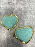 New: Aqua Blue, 1-pc, Chenille "Heart Patch" w/Gold Glitter, Size 2.5", Love Patch w/ Iron-on Backing, Fuzzy Applique, Iron-on Patch
