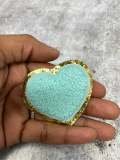 New: Aqua Blue, 1-pc, Chenille "Heart Patch" w/Gold Glitter, Size 2.5", Love Patch w/ Iron-on Backing, Fuzzy Applique, Iron-on Patch