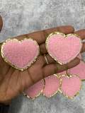New: Light Pink, 1-pc, Chenille "Heart" Patch w/ Gold Glitter, Size 2.5", Love Badge, Heart Patch with Iron-on Backing, Fuzzy Applique, DIY