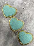 New: Aqua Blue, 1-pc, Chenille "Heart Patch" w/Gold Glitter, Size 2.5", Love Patch w/ Iron-on Backing, Fuzzy Applique, Iron-on Patch