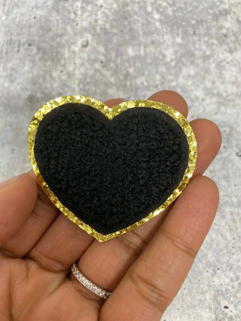 New: Black, 1-pc Chenille "Heart Patch" w/Gold Glitter, Size 2.5", Love Patch w/ Iron-on Backing, Fuzzy Iron-on Patch for Girls, Small Patch