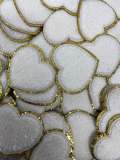 New: White, Chenille 1-pc "Heart Patch" w/ Gold Glitter, Size 2.5", Love Patch with Iron-on Backing, Fuzzy Applique, Iron-on Patch for Girls