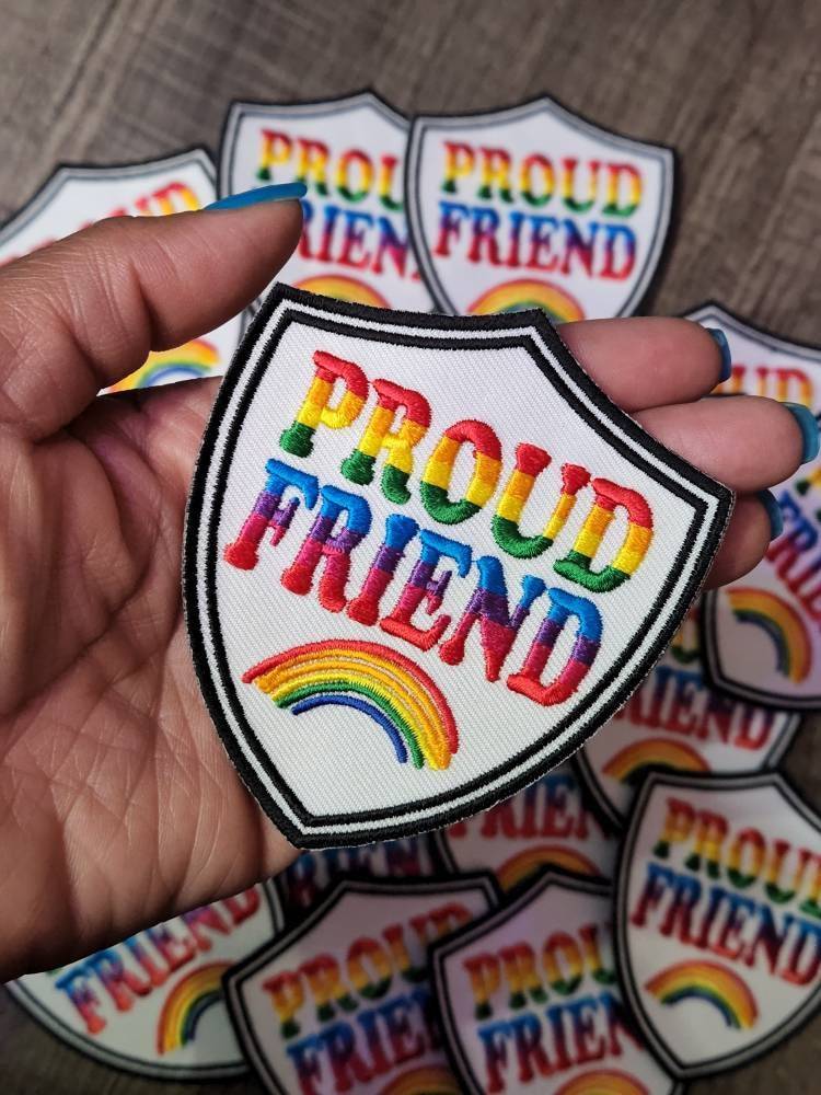 Pride Collection: 1-pc, "Proud  Friend" Support Badge, Sz 3.5" Embroidered Iron-on Patch/LGBTQ Patch for Jackets, Hats, Crocs