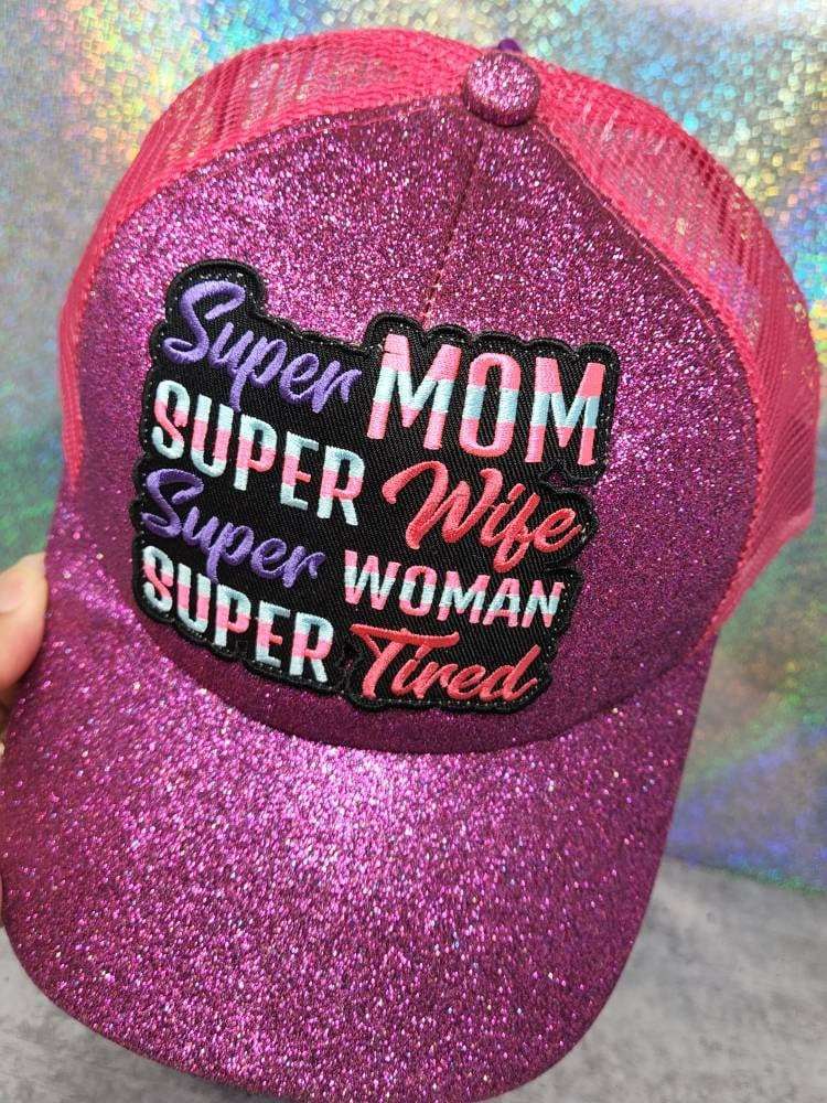 New, "Super Mom, Super Wife, Super Tired" Purple Messy Bun/Ponytail Glitter Hat, Sparkling Bad Hair Day Hat, Gift for Her, Fashionable Hats