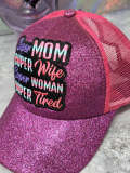 New, "Super Mom, Super Wife, Super Tired" Purple Messy Bun/Ponytail Glitter Hat, Sparkling Bad Hair Day Hat, Gift for Her, Fashionable Hats