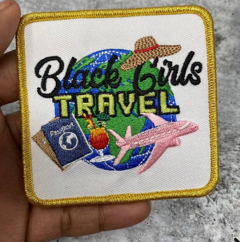 Wanderlust "Black Girls Travel" Iron-on Patch, Size 3"x3" with Metallic Gold, Embroidered Patch for Jackets, Hats, & Crocs, Small Patch