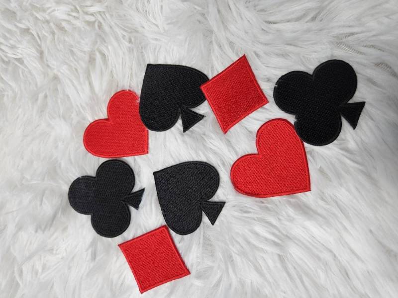 8-pc SET, Playing Card Symbol Patches, Size 2", Iron-on Applique, 2 Hearts, 2 Spades, 2 Clubs, 2 Diamonds, Gift for Spades Player, Card Game
