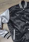 Limited Edition: Satin, Black Body, Gray Arms, White Stripes, Varsity Jacket with Ribbed Cuffs, Interior Zipper, Starter Sports Jacket