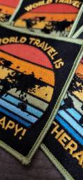 New "World Travel is My Therapy" Iron-on Patch, Size 3"x3" with Vibrant Globe, Embroidered Patch for Jackets, Hats, & Crocs, Small Patch