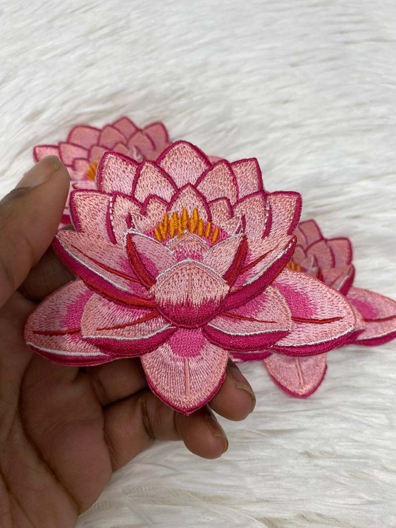 Pink, 4" Lotus Flower, 1 pc Embroidered Patch, Iron-on Floral Patch for Jackets, Hats, Crocs, and More