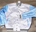 Limited Edition: Satin, Carolina Blue Arms, White Body, Blk Stripes, Varsity Jacket with Ribbed Cuffs, Interior Zipper, Starter Sport Jacket
