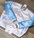 Limited Edition: Satin, Carolina Blue Arms, White Body, Blk Stripes, Varsity Jacket with Ribbed Cuffs, Interior Zipper, Starter Sport Jacket