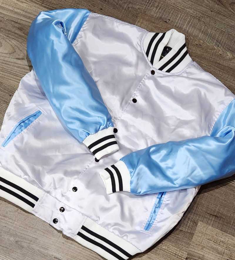 Limited Edition: Satin, Carolina Blue Arms, White Body, Blk Stripes, Varsity Jacket with Ribbed Cuffs, Interior Zipper, Starter Sport Jacket
