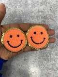 New: Orange, Chenille "Smile Patch" w/ Gold Glitter, Size 2.5", Smiley Face Patch with Iron-on Backing, Fuzzy Happy Face Applique, Fun Patch