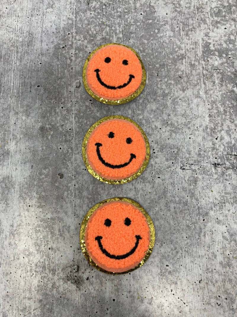 New: Orange, Chenille "Smile Patch" w/ Gold Glitter, Size 2.5", Smiley Face Patch with Iron-on Backing, Fuzzy Happy Face Applique, Fun Patch