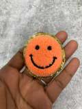 New: Orange, Chenille "Smile Patch" w/ Gold Glitter, Size 2.5", Smiley Face Patch with Iron-on Backing, Fuzzy Happy Face Applique, Fun Patch