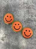 New: Orange, Chenille "Smile Patch" w/ Gold Glitter, Size 2.5", Smiley Face Patch with Iron-on Backing, Fuzzy Happy Face Applique, Fun Patch
