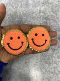 New: Orange, Chenille "Smile Patch" w/ Gold Glitter, Size 2.5", Smiley Face Patch with Iron-on Backing, Fuzzy Happy Face Applique, Fun Patch