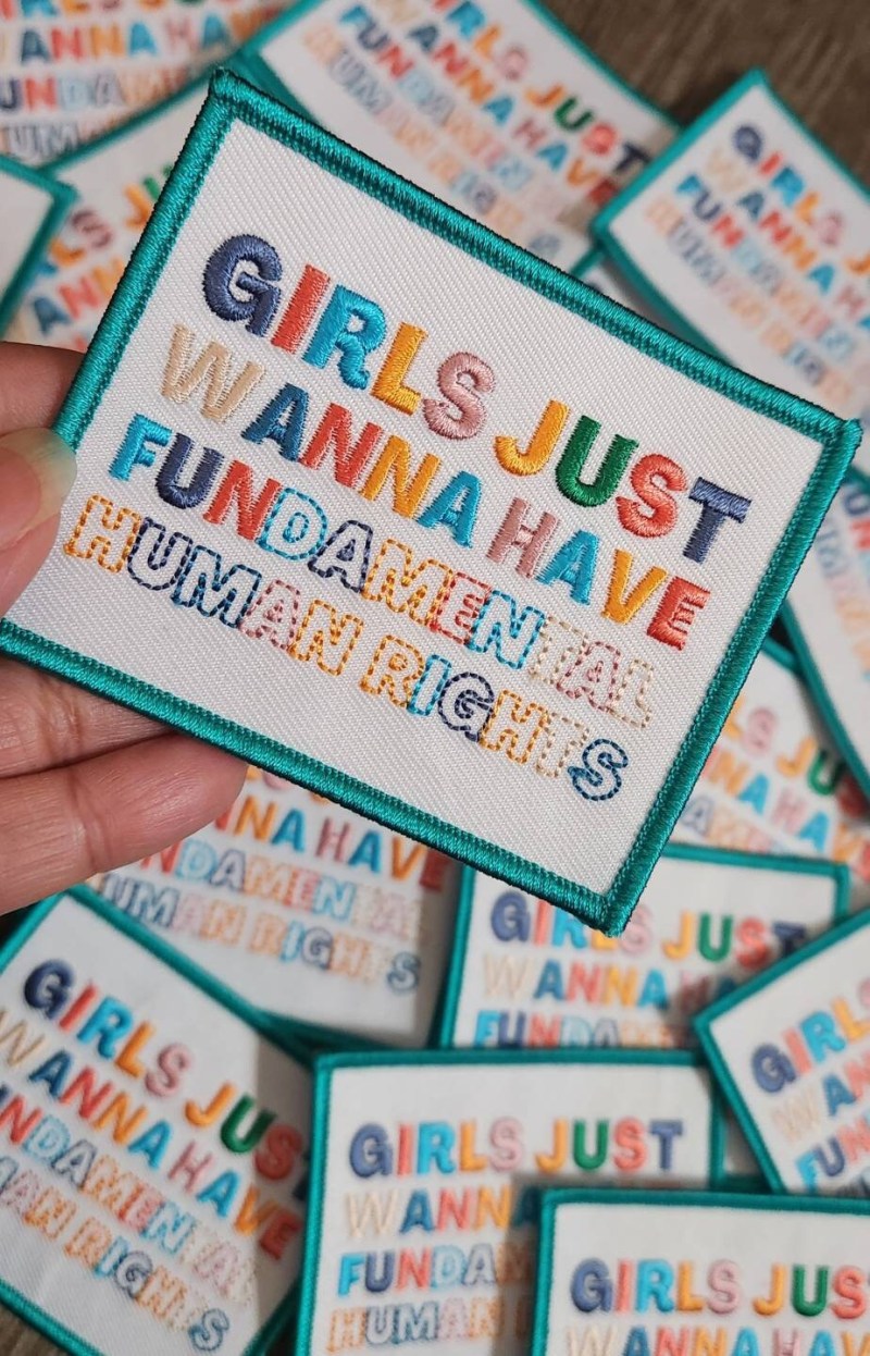 Women Empowerment, 1-pc Colorful Statement Patch "Girls Just Wanna Have Fundamental Human Rights" Iron-on Embroidered Patch, Size 3.5"x2"
