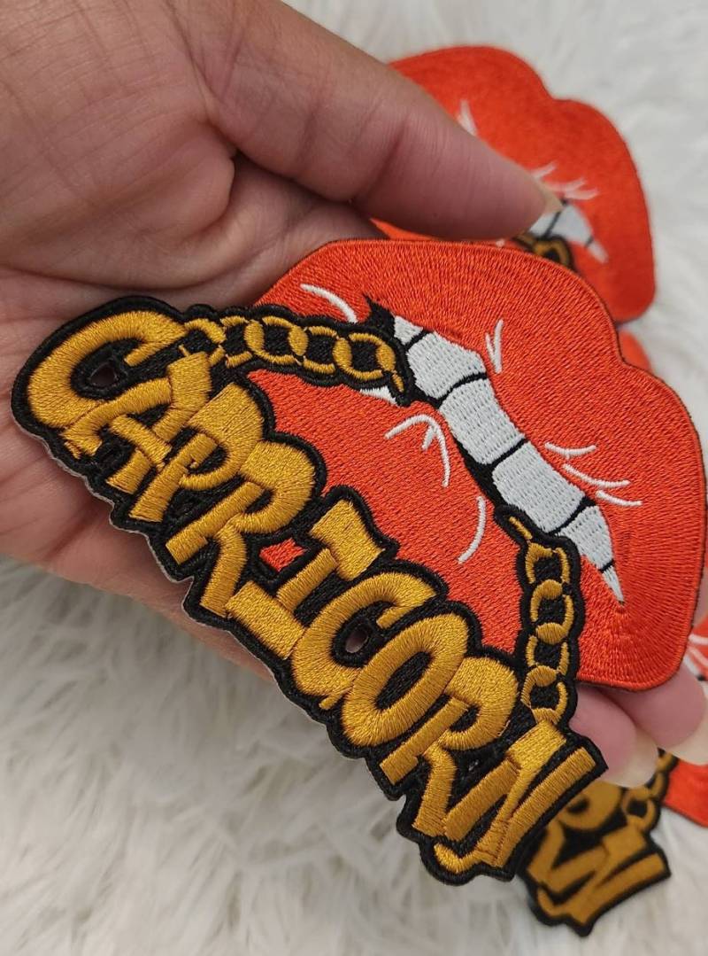 New Color, Poppin' Red Lip "Capricorn" w/DARK Gold Chain|Iron-On Patch|Astrology Applique|Cool Embroidered Patch|DIY Patch
