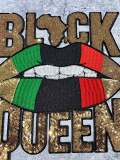 New, Sequins,"Black Queen" Gold/Green/Black/Red Lips, (iron-on) Size 10.5", LARGE Bling Patch for Denim Jacket, Shirts, Hoodies, and More