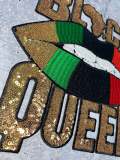 New, Sequins,"Black Queen" Gold/Green/Black/Red Lips, (iron-on) Size 10.5", LARGE Bling Patch for Denim Jacket, Shirts, Hoodies, and More
