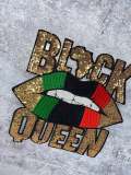 New, Sequins,"Black Queen" Gold/Green/Black/Red Lips, (iron-on) Size 10.5", LARGE Bling Patch for Denim Jacket, Shirts, Hoodies, and More