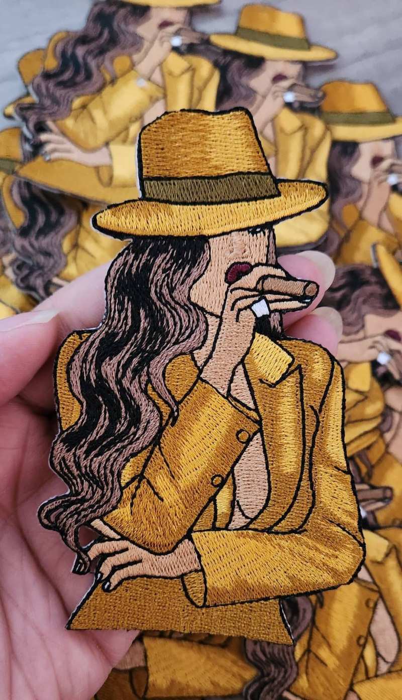 Stogie Chic 1-pc "GOLD" Fedora/Blazer/Cigar, Smoking Patch, Iron-on Applique for Clothing, Hats, Crocs, Bags, and more!! Size 4.5"